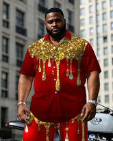 Big Men's Gold & Red Cotton-Blend Sequin Halloween Short Sleeve Shirt Trouser Set